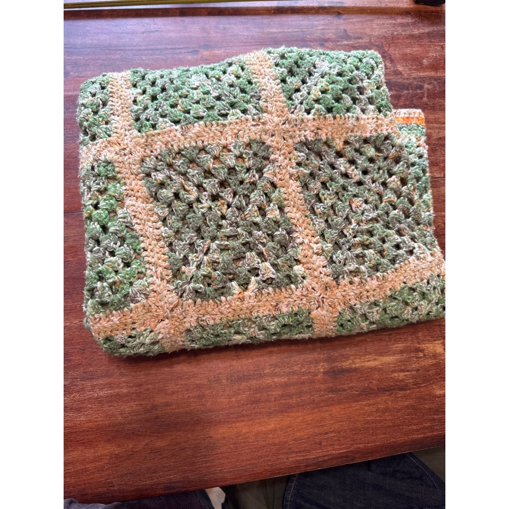 Vintage Handmade Crochet Granny Square Blanket Green Cream Orange Boho Throw